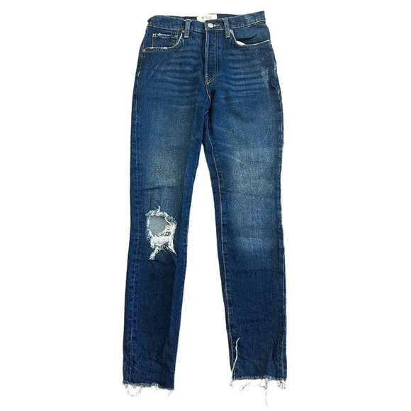 We The Free Free People Dark Wash Jeans Distressed Raw Chewed Hem Size 27 - Picture 1 of 12